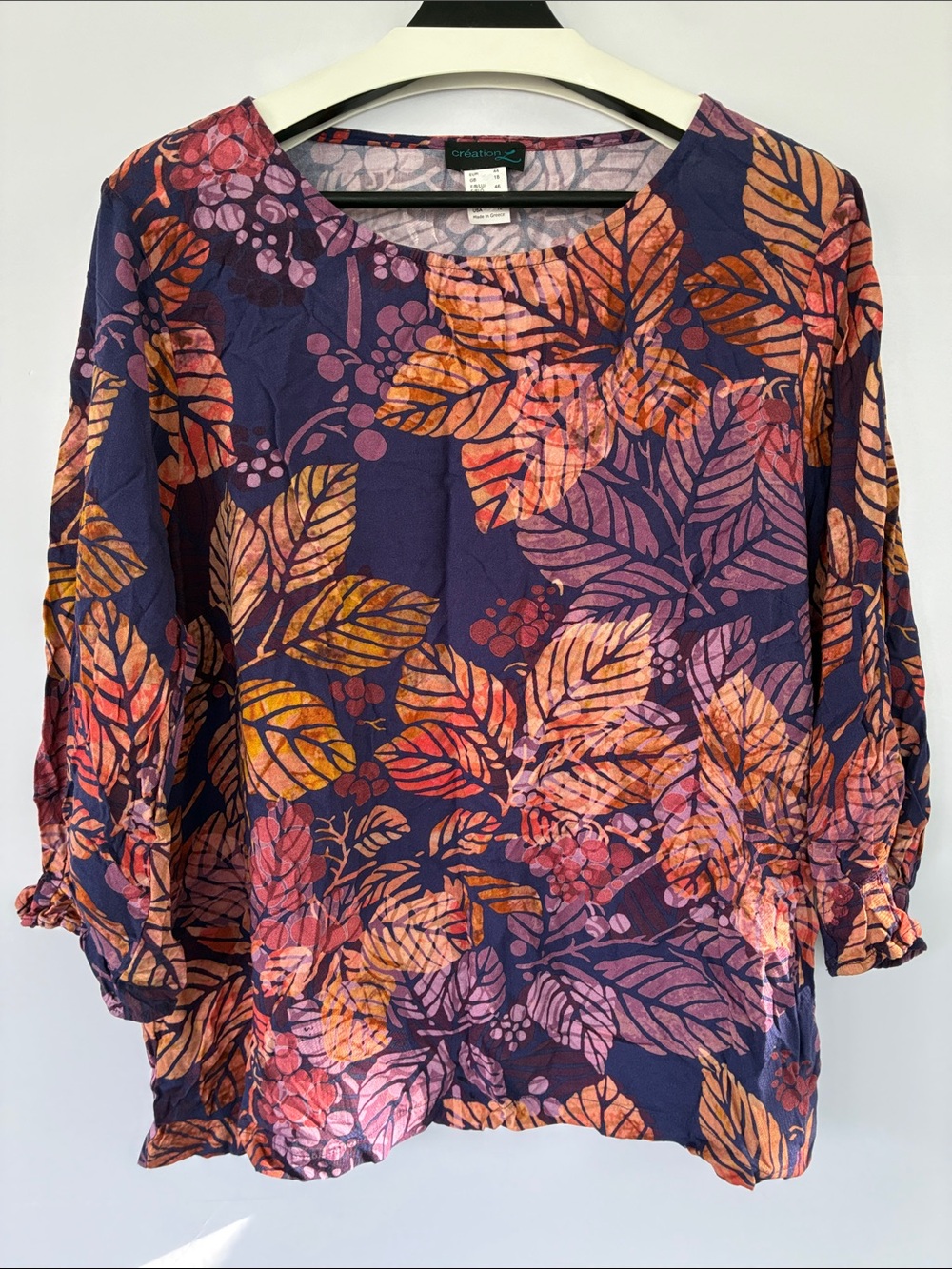 Creation L Botanical Leaf Print Blouse Purple Orange 3/4 Sleeve Top Size 12